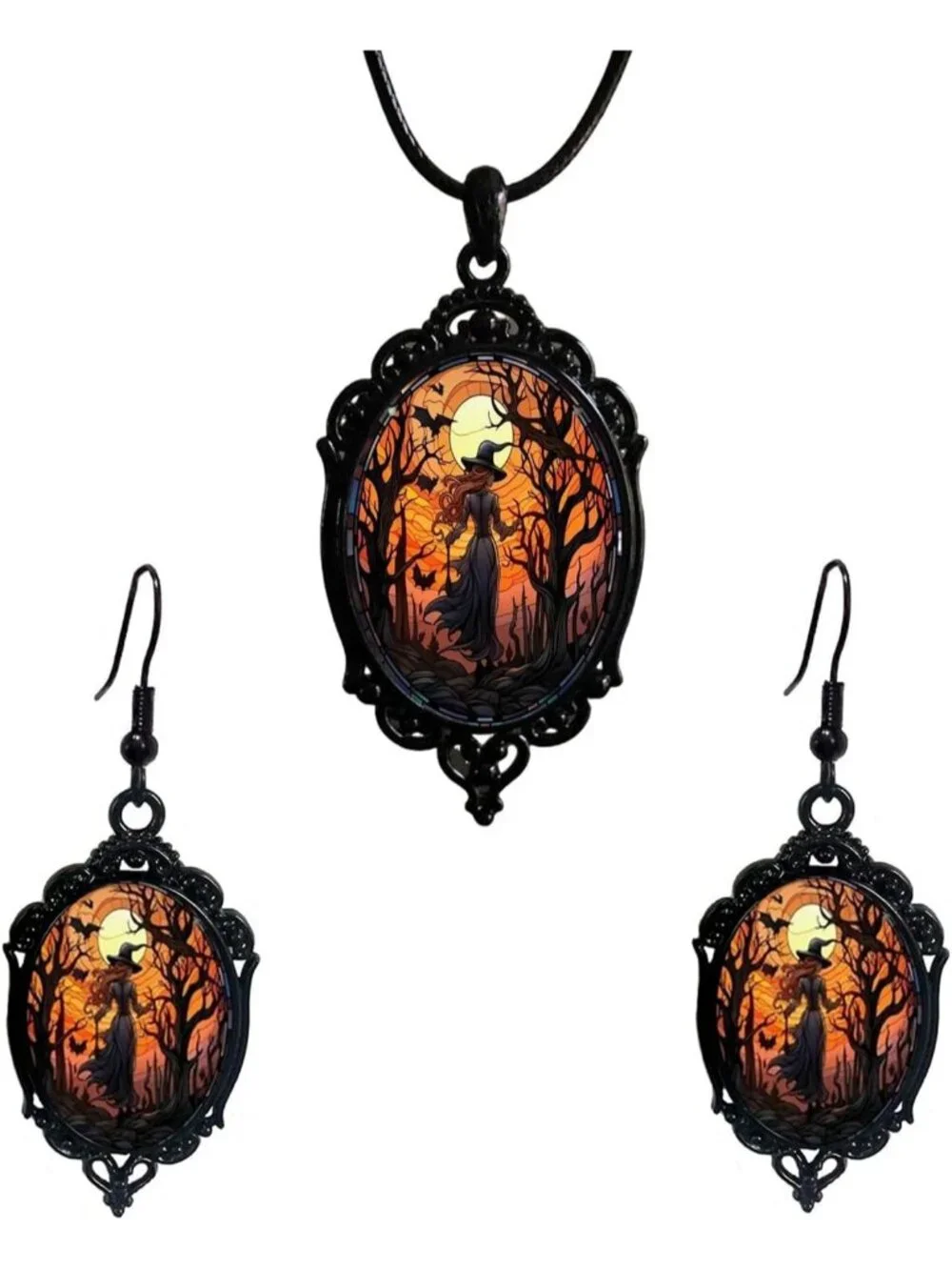 Women’s Black Witch Set Halloween Victorian Punk Gothic Witch Necklace Earrings